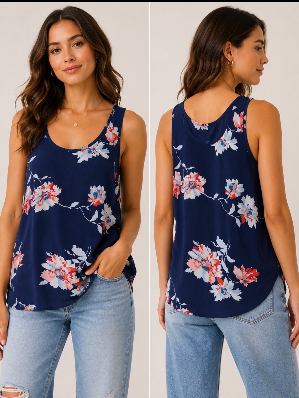 Joie Large Navy Floral 100% Silk Sleeveless Scoop Neck Tank Top